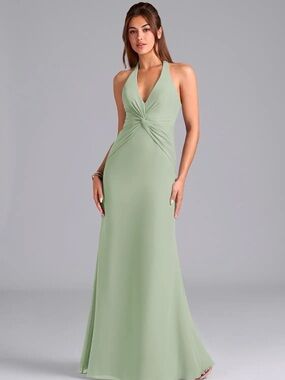 Azazie Dusty Sage Halter Twist-Front Maxi Dress